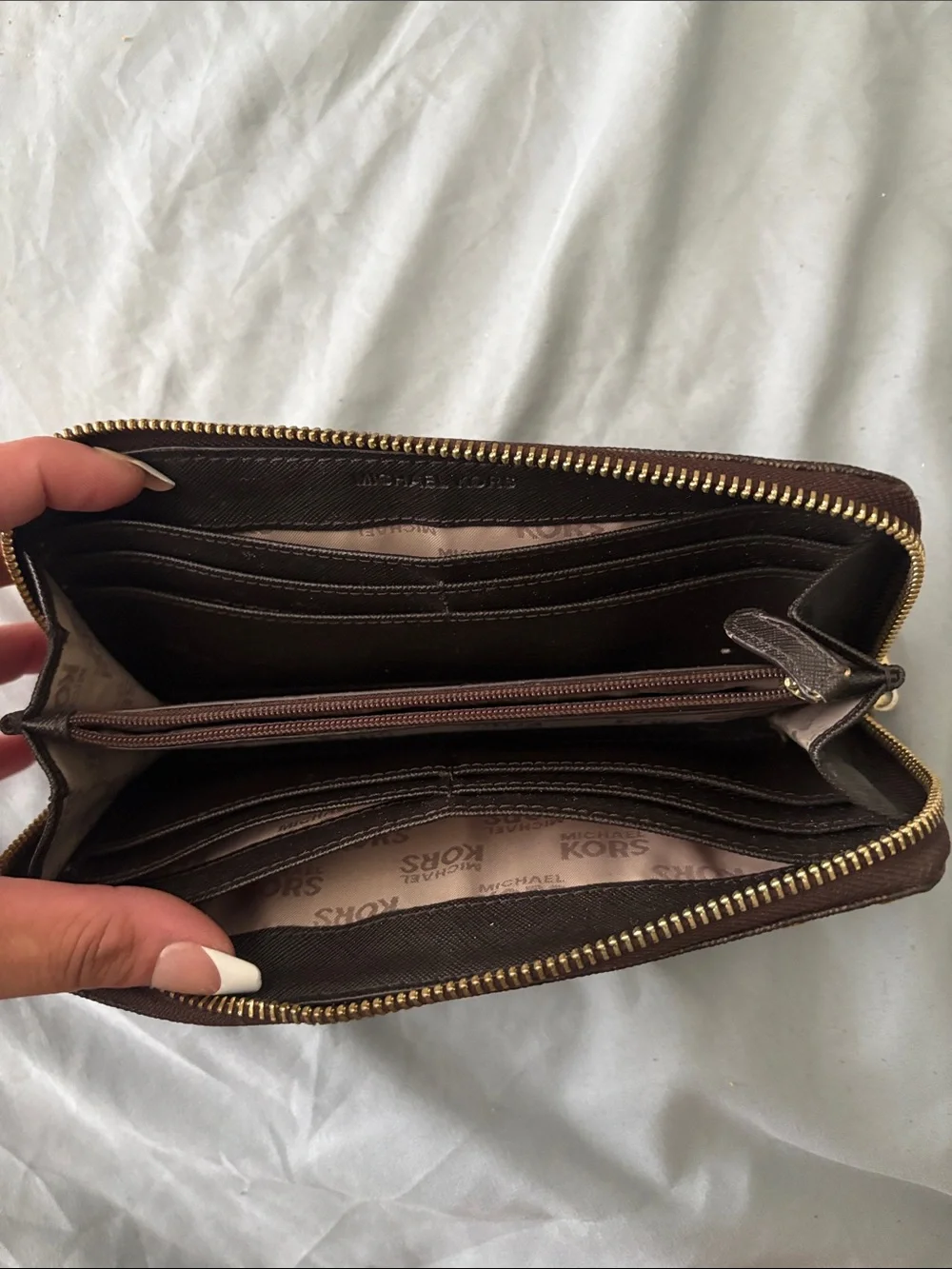 Michael Kors Brown Logo Stud Zip Wallet with Gold Accents